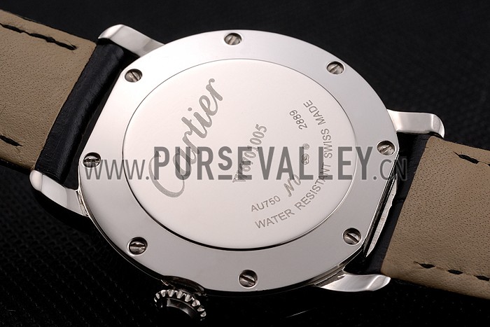 Cartier Ronde White Dial Diamond Hour Marks Stainless Steel Case Black Leather Strap