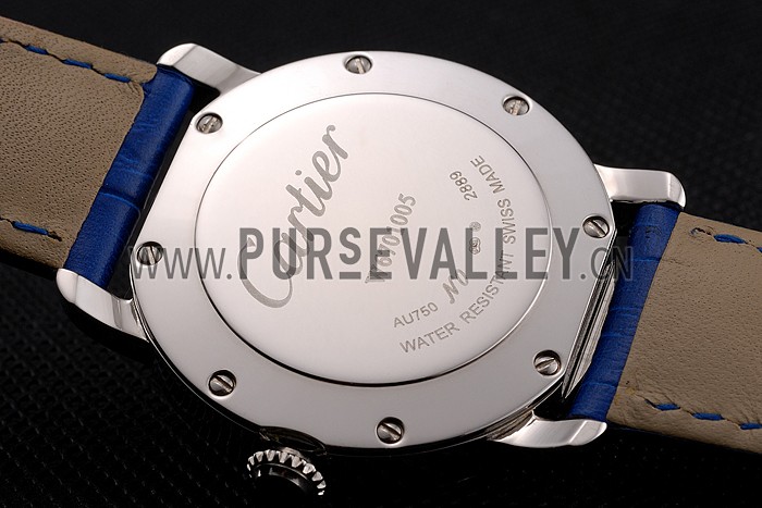 Cartier Ronde White Dial Diamond Hour Marks Stainless Steel Case Blue Leather Strap