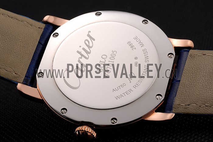 Cartier Ronde Solo Blue Dial Diamond Hour Marks Rose Gold Case Blue Leather Strap