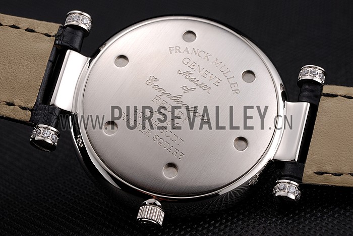 Franck Muller Double Mistery Ronde Black Dial Stainless Steel Case Black Leather Strap