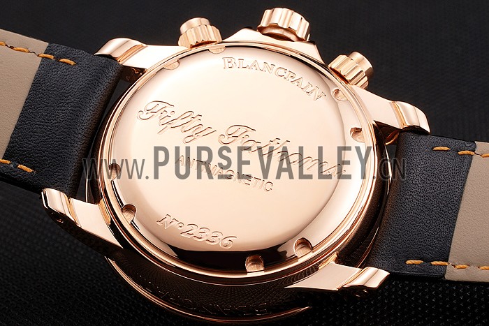Swiss Blancpain Fifty Fathoms Flyback Chronograp Carbon Fiber Dial Rose Gold Case Black Leather Strap