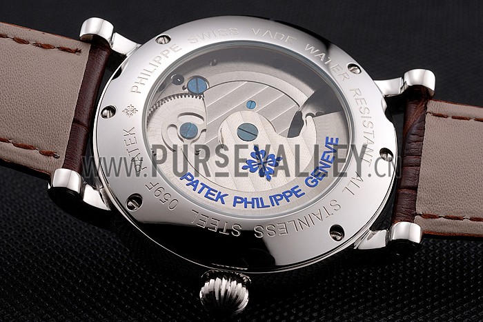 Patek Philippe Complications Moonphase Tourbillon White Dial Stainless Steel Case Brown Leather Strap
