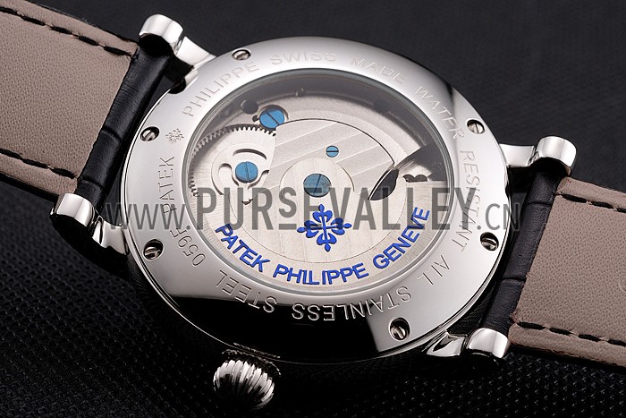 Patek Philippe Complications Moonphase Tourbillon Black Dial Stainless Steel Case Black Leather Strap