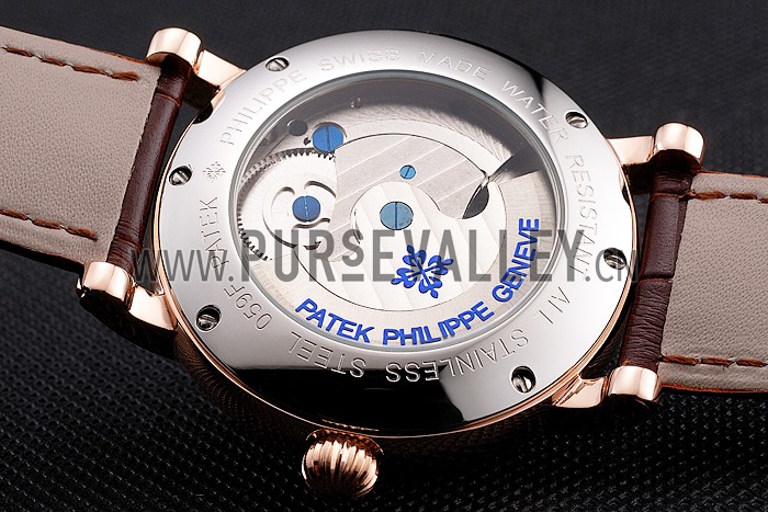 Patek Philippe Complications Moonphase Tourbillon White Dial Rose Gold Case Brown Leather Strap
