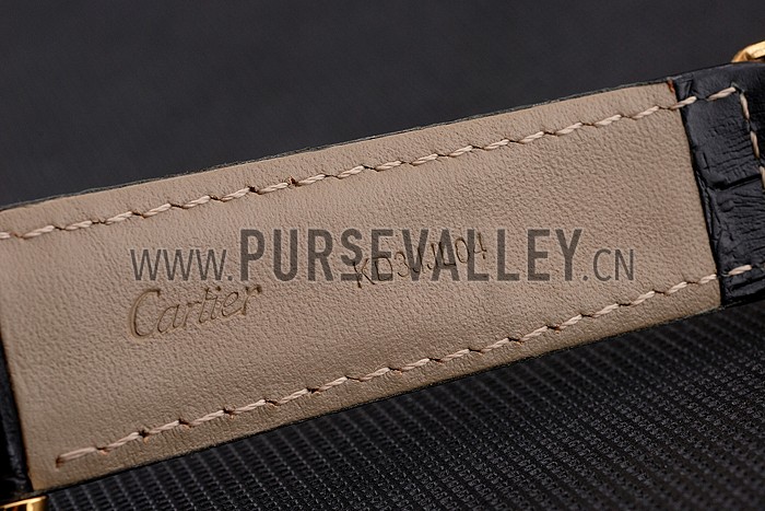 Swiss Cartier Rotonde Annual Calendar Black Dial Diamond Bezel Gold Case Black Leather Strap