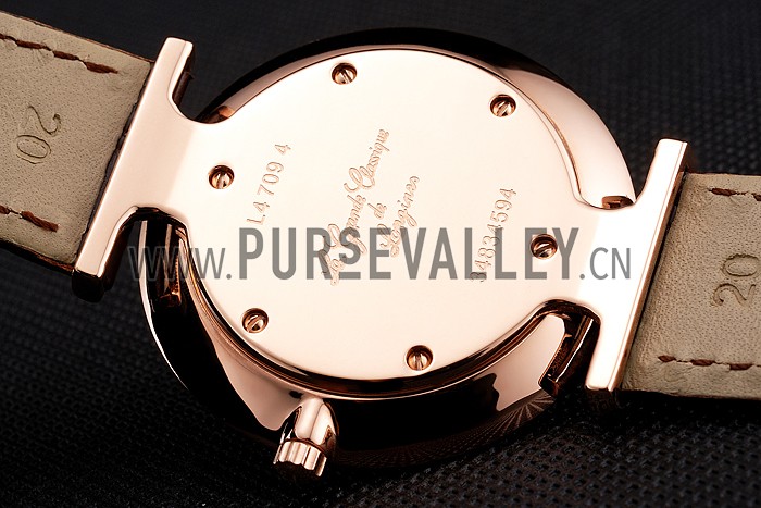 Swiss Longines Grande Classique White Dial Roman Numerals Rose Gold Case Brown Leather Strap