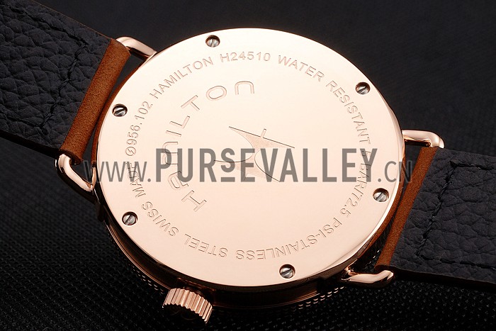 Hamilton Navy Pioneer Black Dial Rose Gold Case Brown Leather Strap