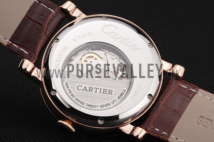 Cartier Rotonde De Cartier Flying Tourbillon White Dial Rose Gold Numerals Rose Gold Case Brown Leather Strap