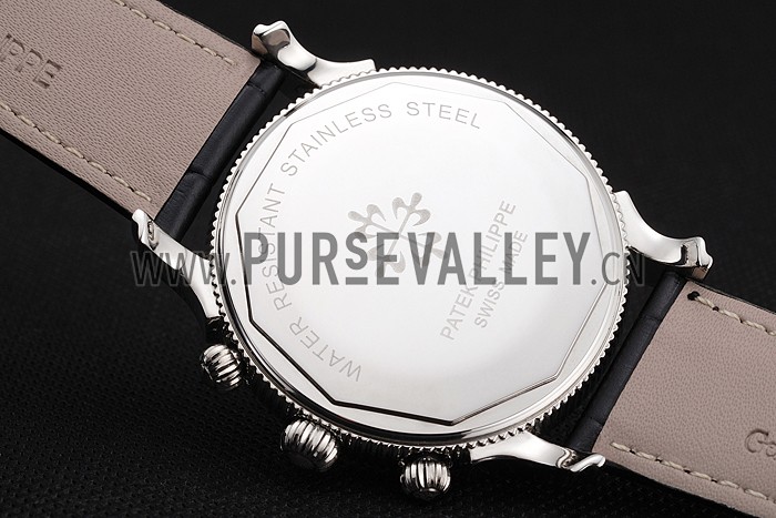 Patek Philippe Chronograph White Dial Blue Markings Stainless Steel Case Black Leather Strap