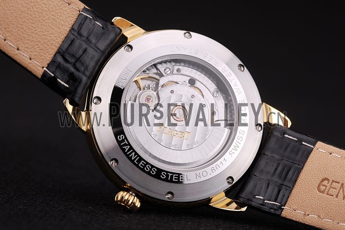 Piaget Swiss Traditional White Radial Pattern Dial Black Leather Strap 7635