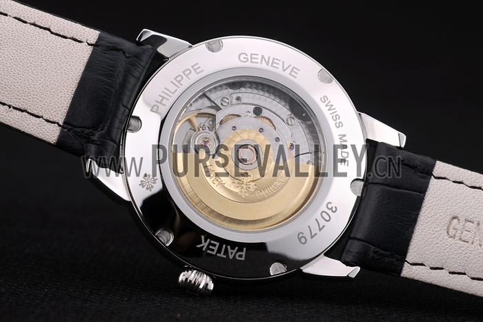 Patek Philippe Swiss Calatrava Ribbed Bezel Black Dial Black Leather Strap 7661