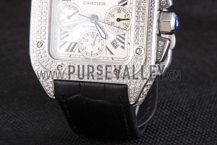 Swiss Cartier Santos Silver Bezel with Diamonds and Black Leather Strap sct44 621528