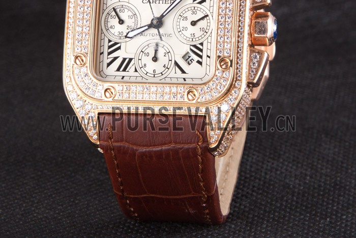 Swiss Cartier Santos Rose Gold Bezel with Diamonds and Brown Leather Strap sct43 621527