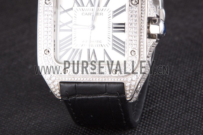 Swiss Cartier Santos Silver Bezel with Diamonds and Black Leather Strap sct47 621531