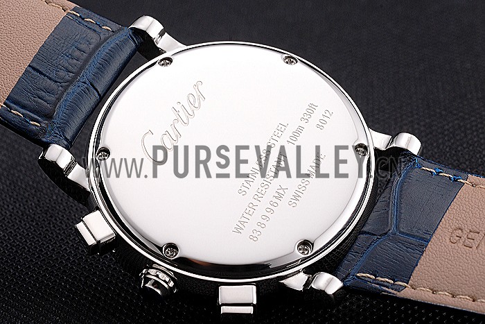Cartier Rotonde Chronograph Black Dial Stainless Steel Case Blue Leather Strap