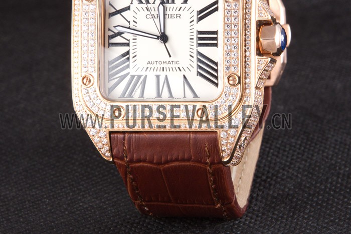 Swiss Cartier Santos Rose Gold Bezel with Diamonds and Brown Leather Strap sct46 621530