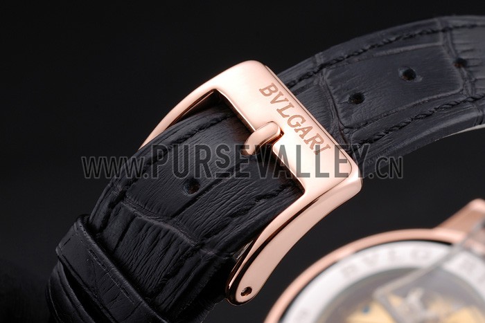 Bvlgari Novelties Black Dial Gold Case Black Leather Strap