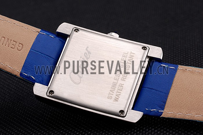 Cartier Tank MC Stainless Steel Diamond Case White Dial Blue Leather Strap 622172
