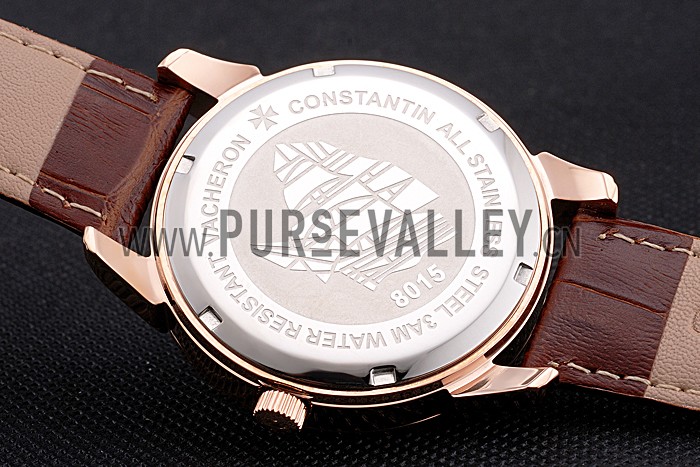 Vacheron Constantin Traditionnelle White Ship Dial Rose Gold Case With Diamonds Brown Leather Strap
