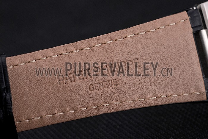 Patek Philippe Nautilus Black Dial Stainless Steel Case Black Leather Strap