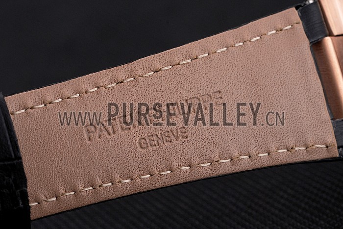 Patek Philippe Nautilus Black Dial Rose Gold Case Black Leather Strap