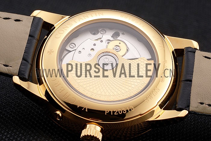 Swiss Vacheron Constantin Traditionnelle Power Reserve White Dial Gold Case Black Leather Strap