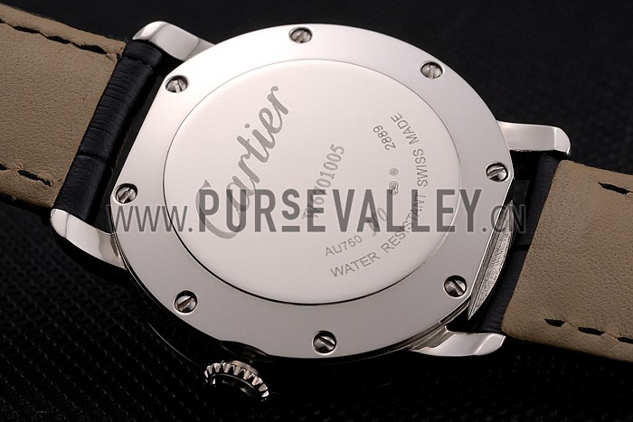 Cartier Ronde Black Dial Diamond Bezel Stainless Steel Case Black Leather Strap