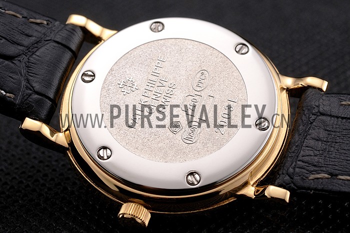 Patek Philippe Calatrava Gold Dial Roman Numerals Double Ribbed Bezel Gold Case Black Leather Strap