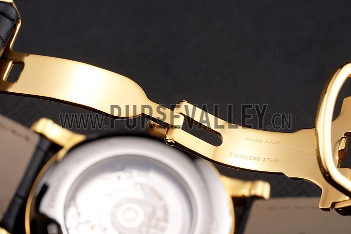 Swiss Cartier Rotonde Annual Calendar Black Dial Gold Case Black Leather Strap