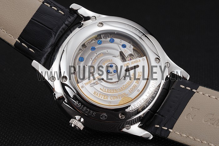 Swiss Jaeger LeCoultre Master Ultra Thin Reserve De Marche Black Dial Stainless Steel Case Black Leather Strap