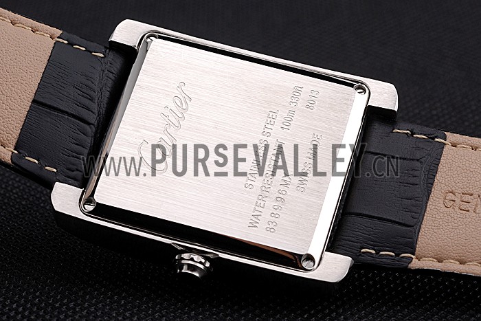 Cartier Tank White Dial Stainless Steel Case Black Leather Strap 622761