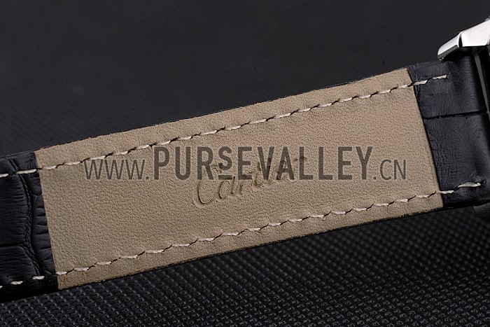 Cartier Tortue Large Date Black Dial Stainless Steel Case Black Leather Strap