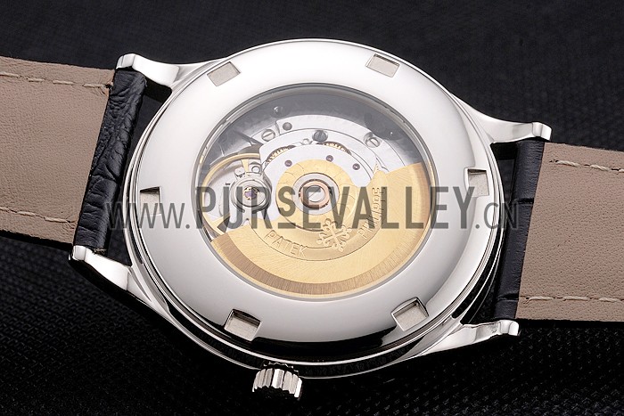 Swiss Patek Philippe Calatrava Black Dial Diamond Bezel Stainless Steel Case Black Leather Strap