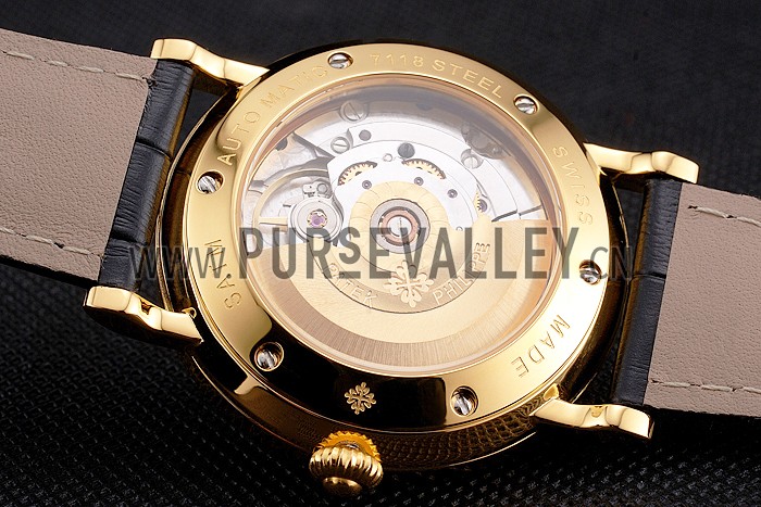 Swiss Patek Philippe Calatrava White Dial Gold Case Fluted Bezel Black Leather Strap