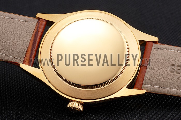 Swiss Rolex Cellini Gold Dial Blue Markings Gold Case Light Brown Leather Strap