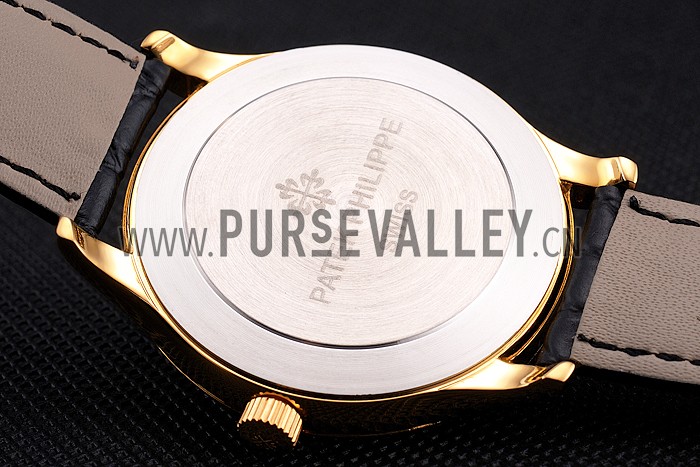 Patek Philippe Calatrava White Dial Diamond Markings Gold Case Black Leather Strap