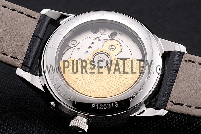 Swiss Vacheron Constantin Traditionnelle Power Reserve White Dial Stainless Steel Case Black Leather Strap