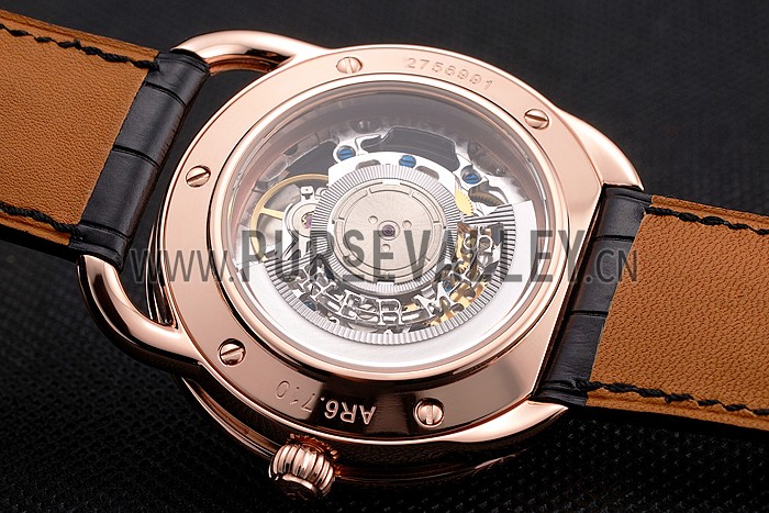 Swiss Hermes Arceau Skeleton Black Dial Brown Hands Rose Gold Case Black Leather Strap