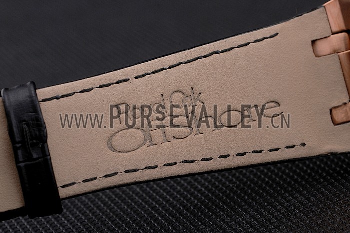 Swiss Audemars Piguet Royal Oak Black Dial Gold Case With Diamonds Black Leather Strap