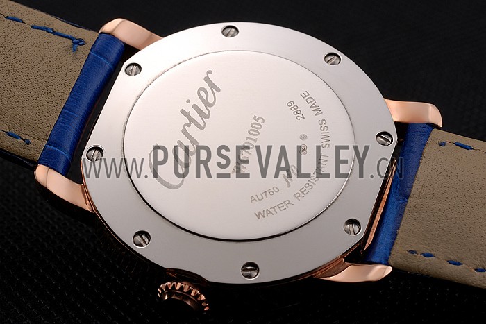 Cartier Ronde White Dial Diamond Bezel Rose Gold Case Blue Leather Strap