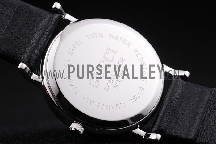 Gucci Large Polished Stainless Steel Bezel White Dial Black Leather Strap