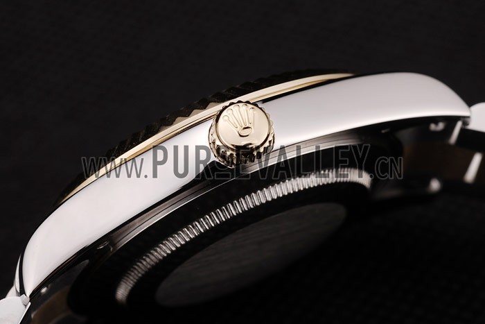 Rolex DateJust Gold Ribbed Pattern Bezel Black Dial