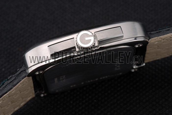 Gucci Black Leather Strap Polished Stainless Steel Bezel Black Dial 80216