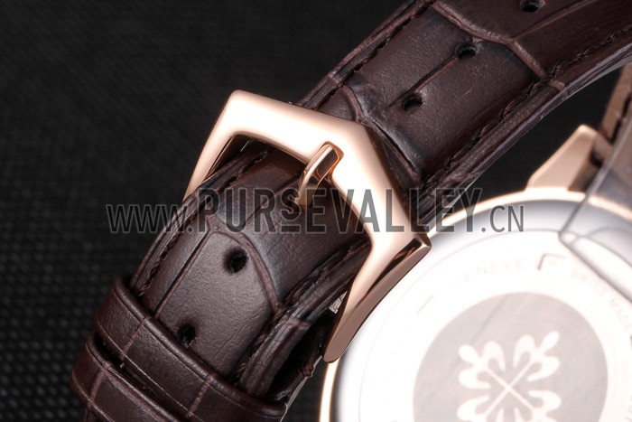 Patek Philipe Calatrava Roze Gold Polished Bezel Brown Leather Bracelet 801430