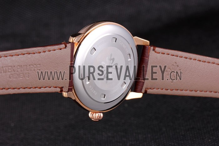 Patek Philipe Calatrava Roze Gold Ribbed Bezel Brown Leather Bracelet 801434