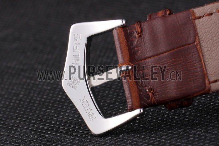 Patek Philipe Calatrava Stainless Steel Ribbed Bezel Brown Leather Bracelet 801429