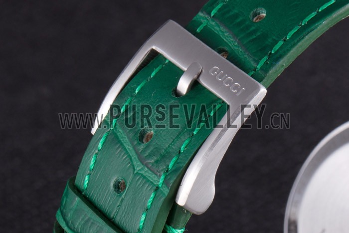 Gucci Interlocking Silver Bezel with Diamonds and Green Leather Band 621515
