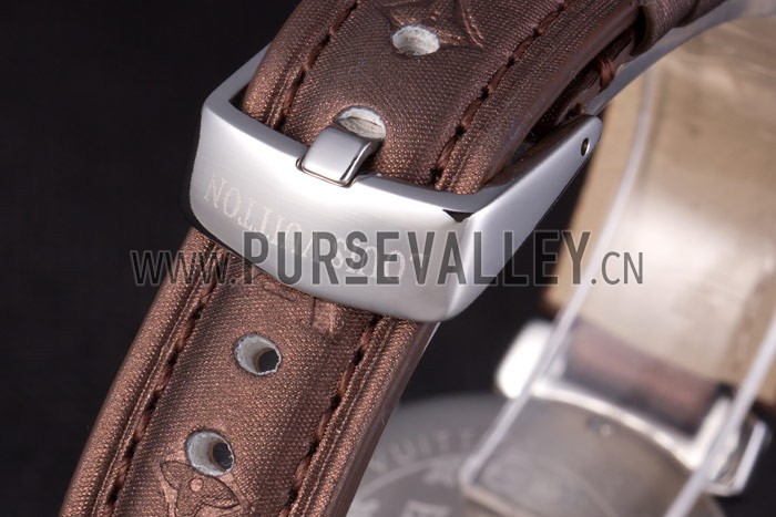 Louis Vuitton Tambour Brown Leather Bracelet White Dial 801420
