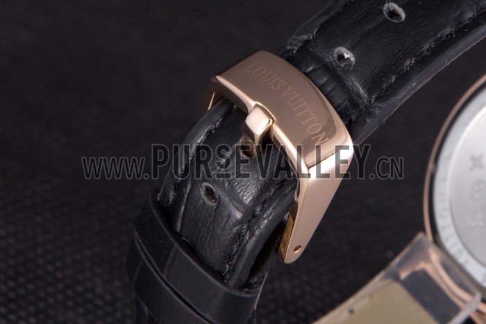 Louis Vuitton Tambour Black Leather Bracelet White Dial 801418