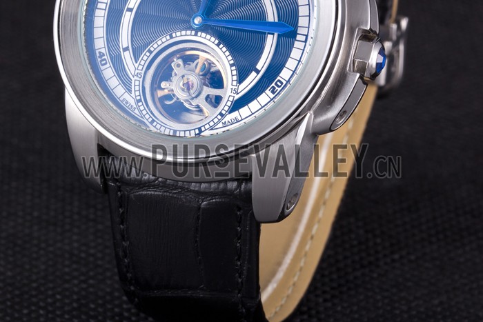 Cartier Calibre Flying Tourbillon Black Dial Stainless Steel Case Black Leather Bracelet